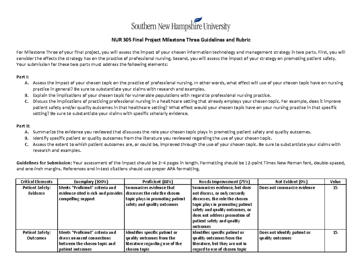 3 NUR 305 Milestone Three Guidelines and Rubric - NUR 305 Final Project ...