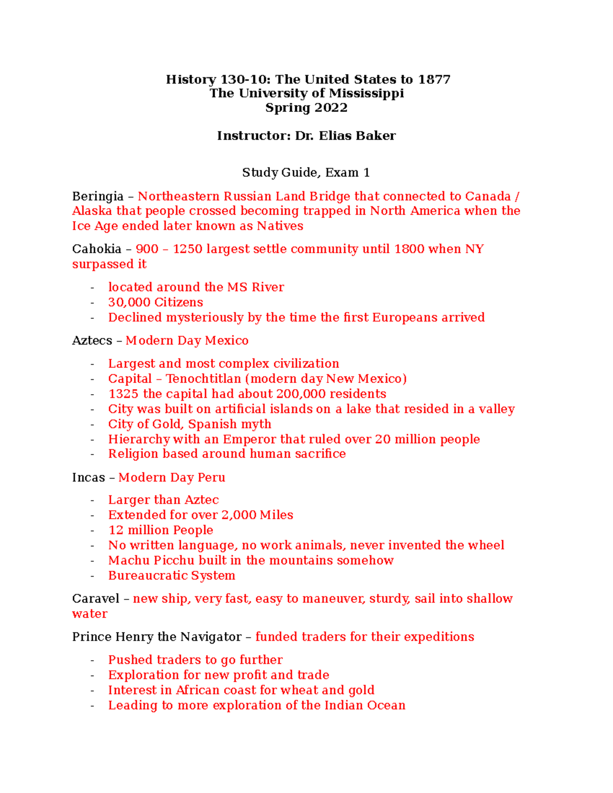 Study Guide 1 - History 130-10: The United States to 1877 The ...