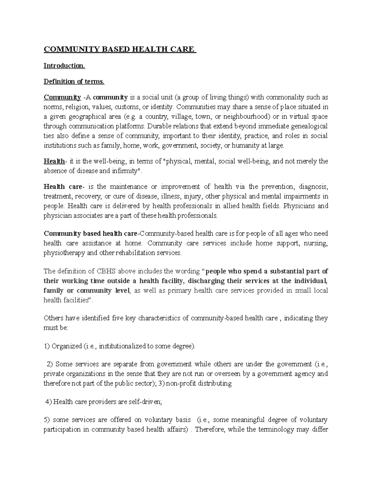 CBHC notes COMMUNITY BASED HEALTH CARE Introduction. Definition of