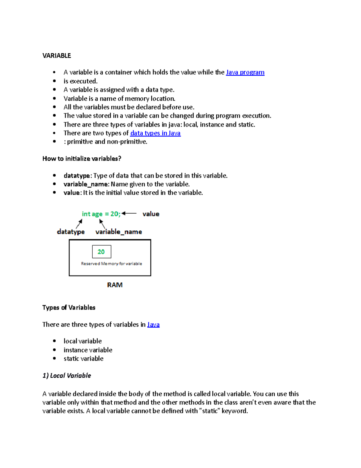 Variable - VARIABLE A variable is a container which holds the value ...
