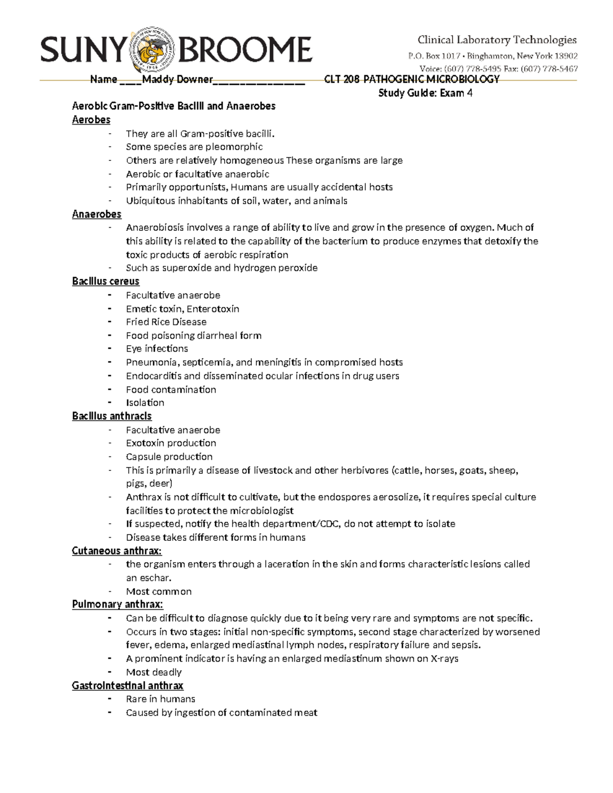 Micro exam 4 study guide - Name Maddy Downer_____________ CLT 208 ...