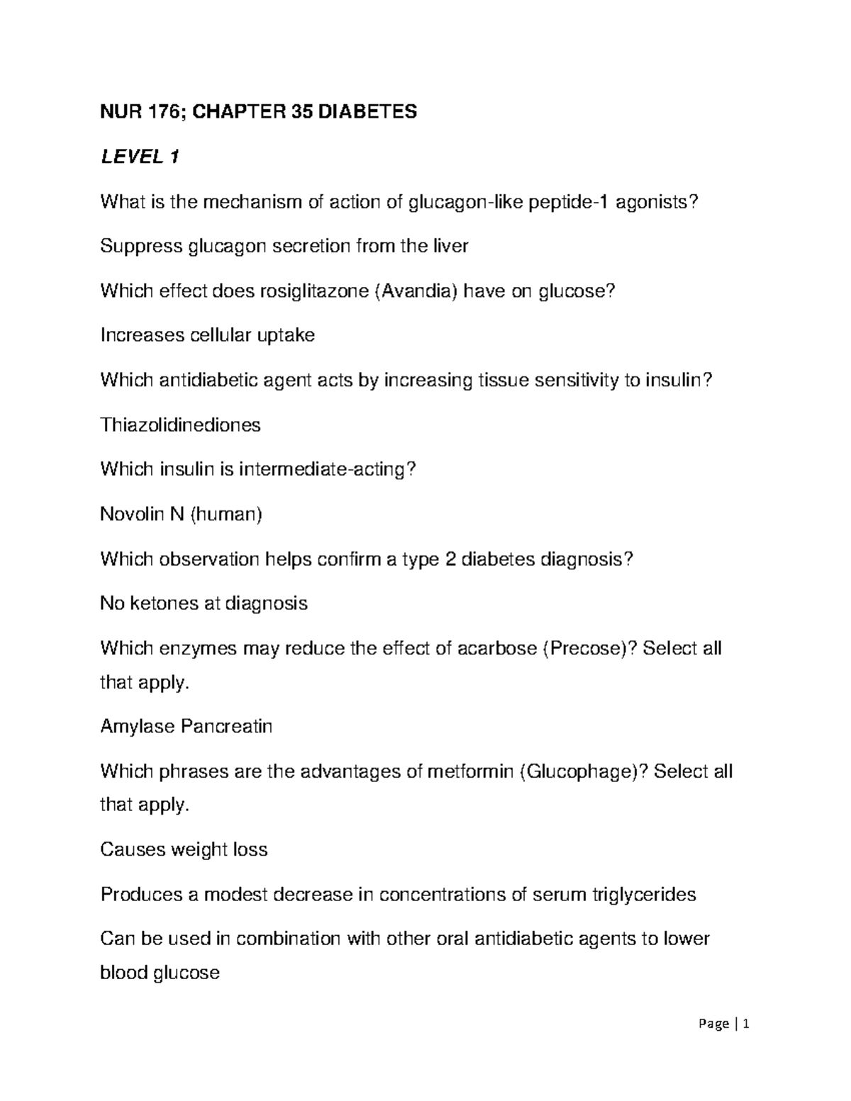 NUR 176 Chapter 35 Diabetes - NUR 176; CHAPTER 35 DIABETES LEVEL 1 What ...