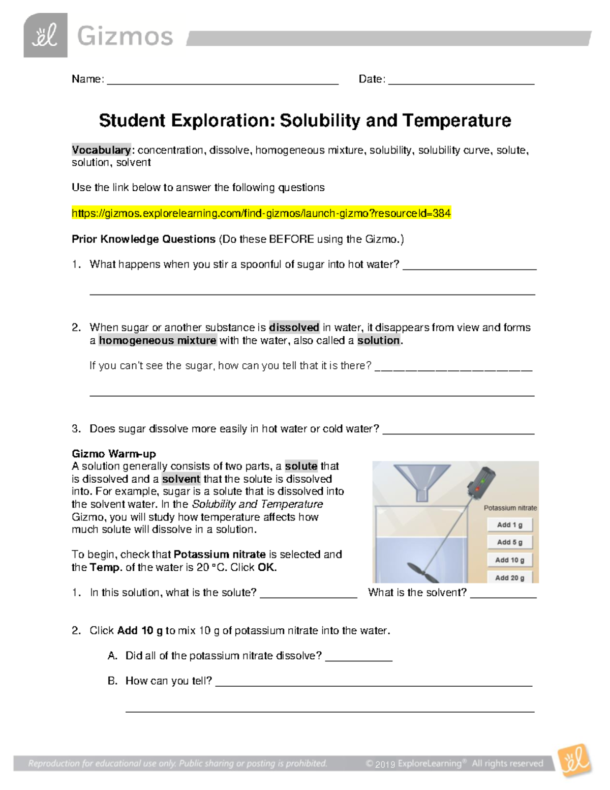 Virtual lab solubility and temperature 2019 Name