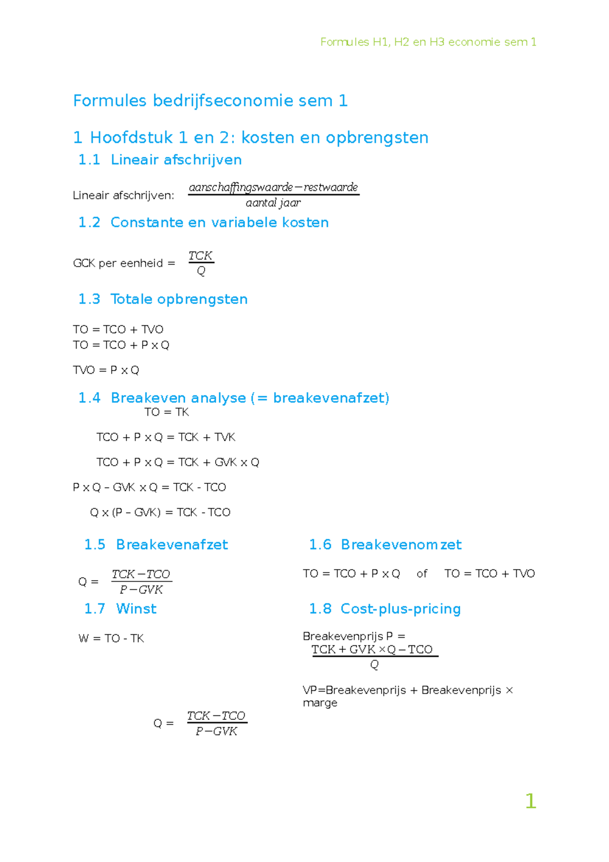 Formules Bedrijfseconomie H1, H2 En H3 Sem 1 - Formules H1, H2 En H3 ...