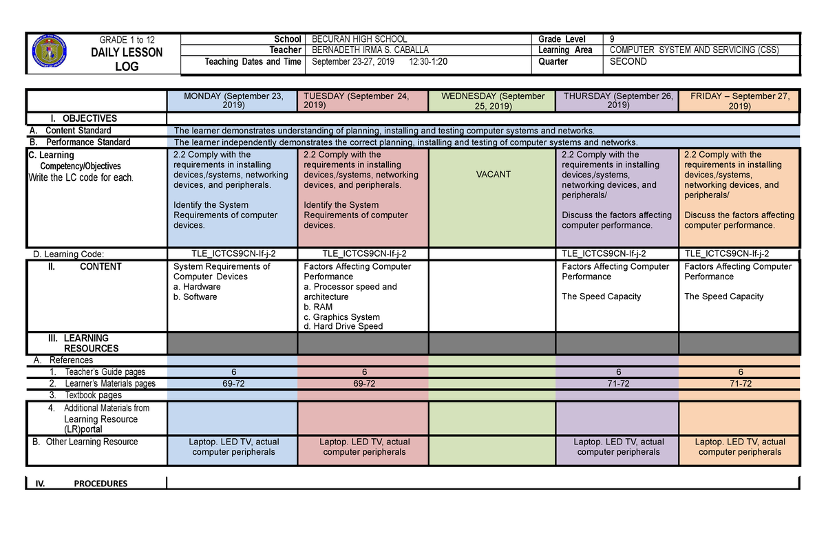 Dll Ict 9 2nd Quarter Week 6 Iv Procedures Grade 1 To 12 Daily Lesson Log School Becuran High 4495