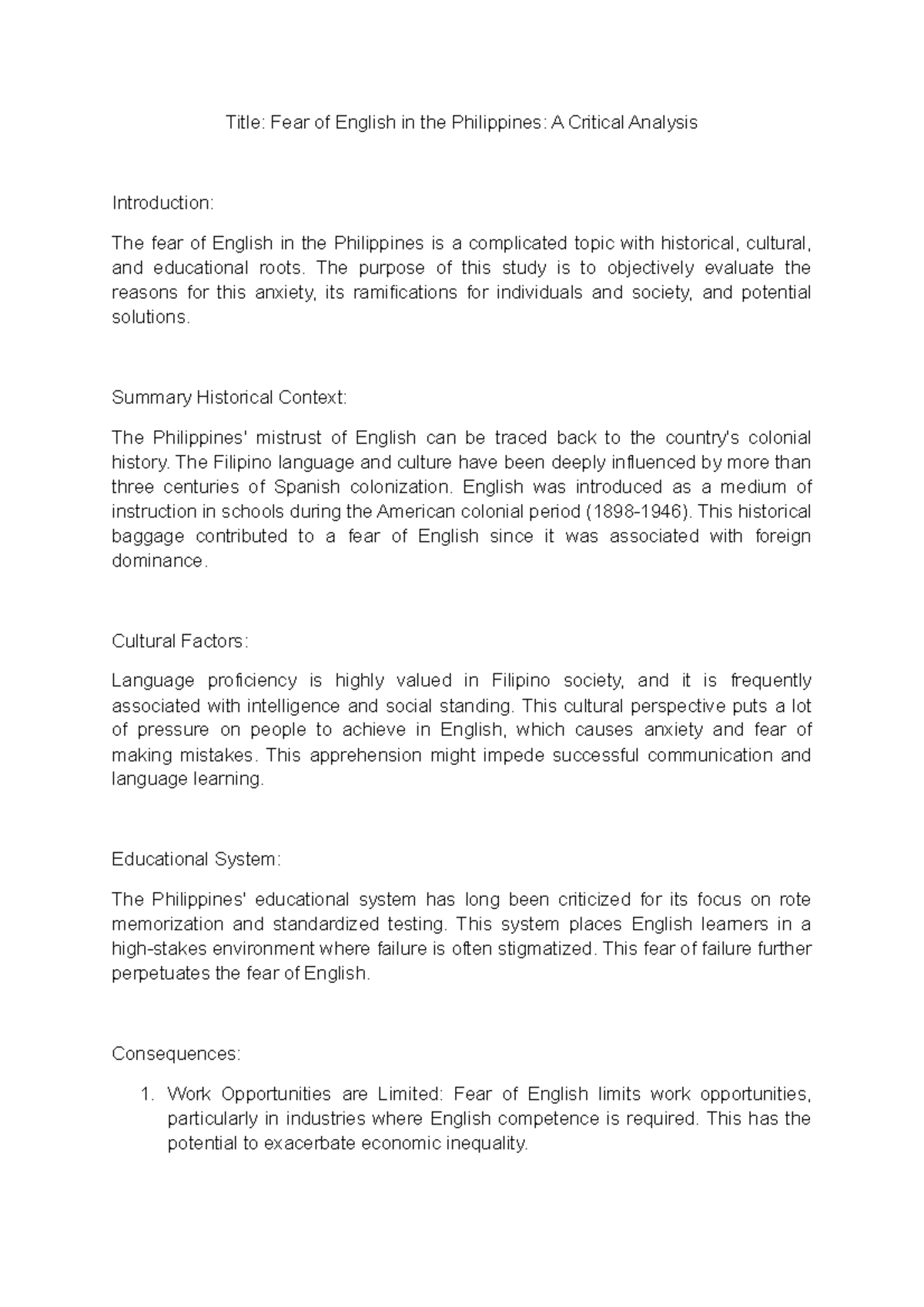 FEAR OF English IN THE Philippines 054432 - Title: Fear of English in ...