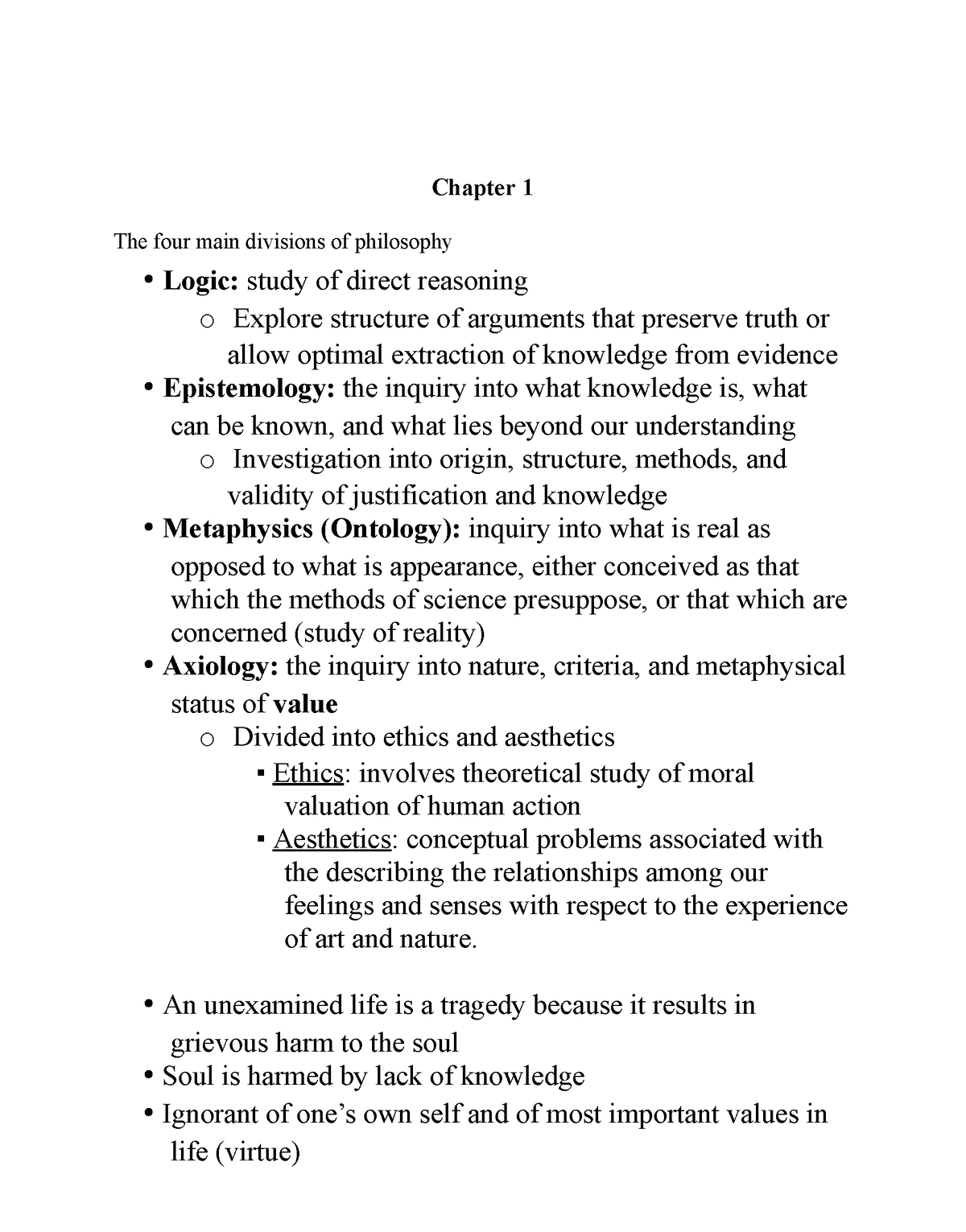 Chapter 1 Study - Chapter 1 The Four Main Divisions Of Philosophy Logic ...