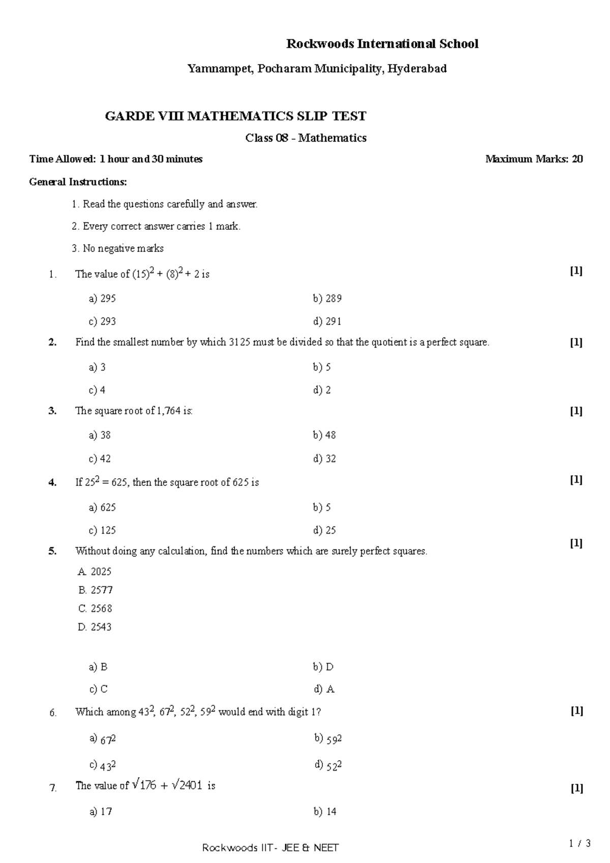 Grade VIII Maths SLIP TEST SEP Rockwoods IIT JEE & NEET 1 / 3