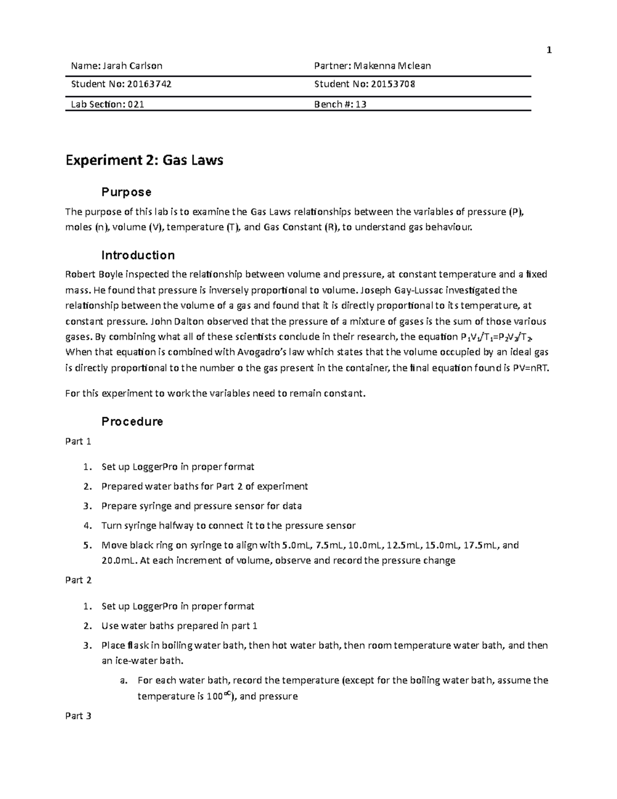 GAS Laws - Chem Lab 2 - Gas Law 2019. Got An 18/20 Mark - Name: Jarah ...