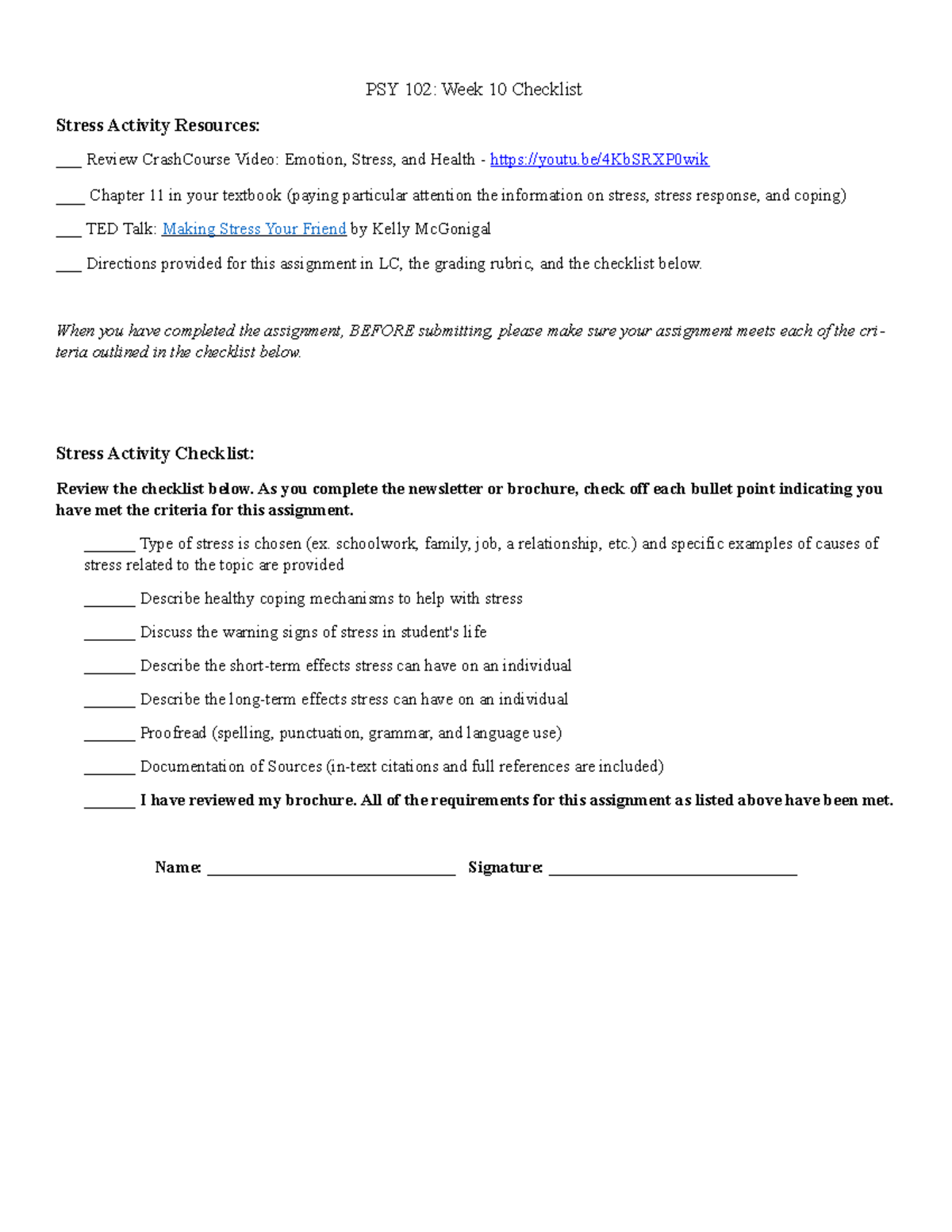 Stress Activity Checklist - PSY 102: Week 10 Checklist Stress Activity ...