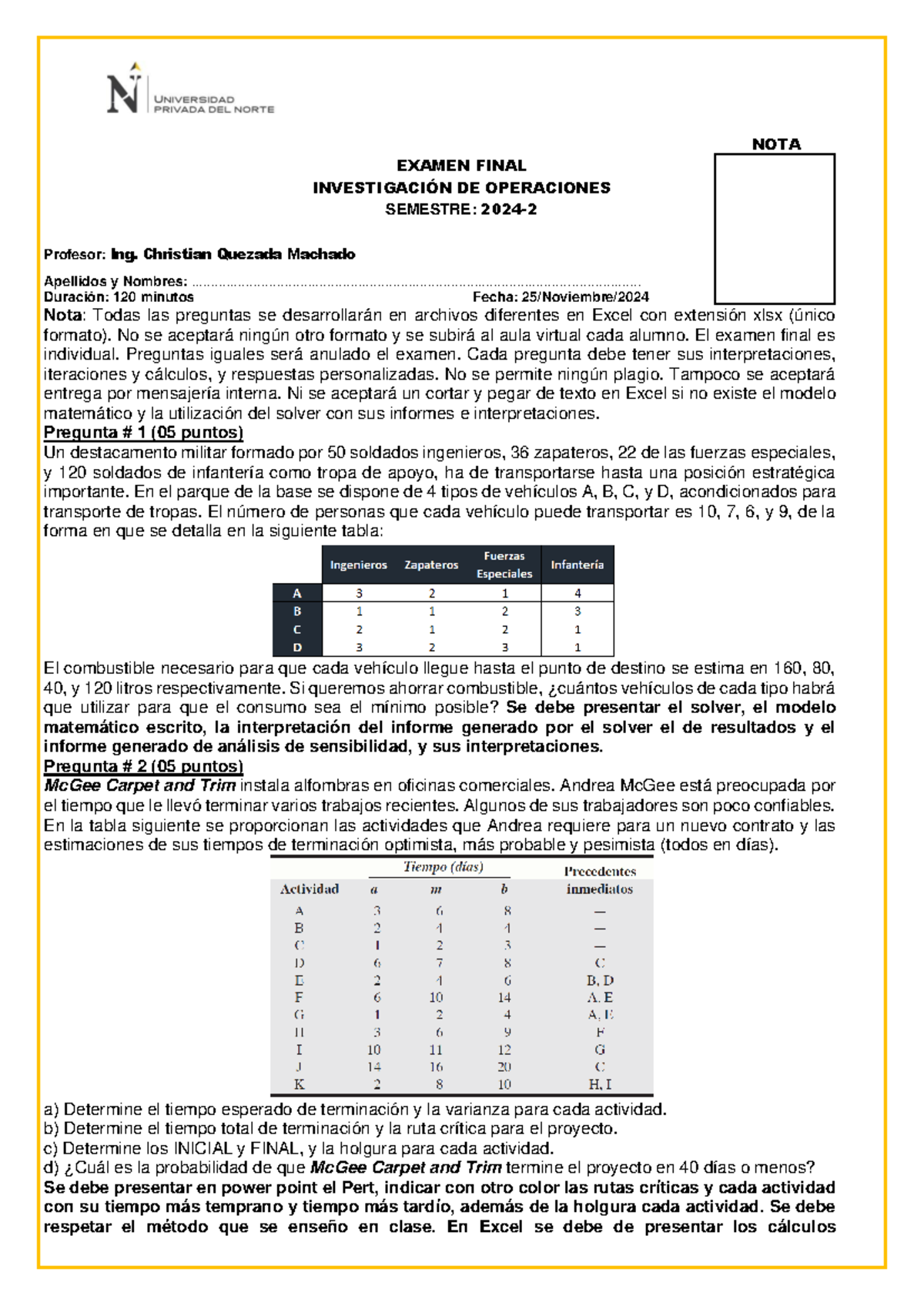 Final - Invope 2024-2 - NOTA EXAMEN FINAL INVESTIGACIÓN DE OPERACIONES ...