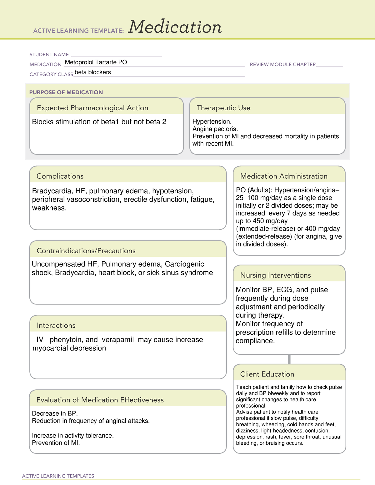 Metoprololsd ATI active learning template medication Metoprolol