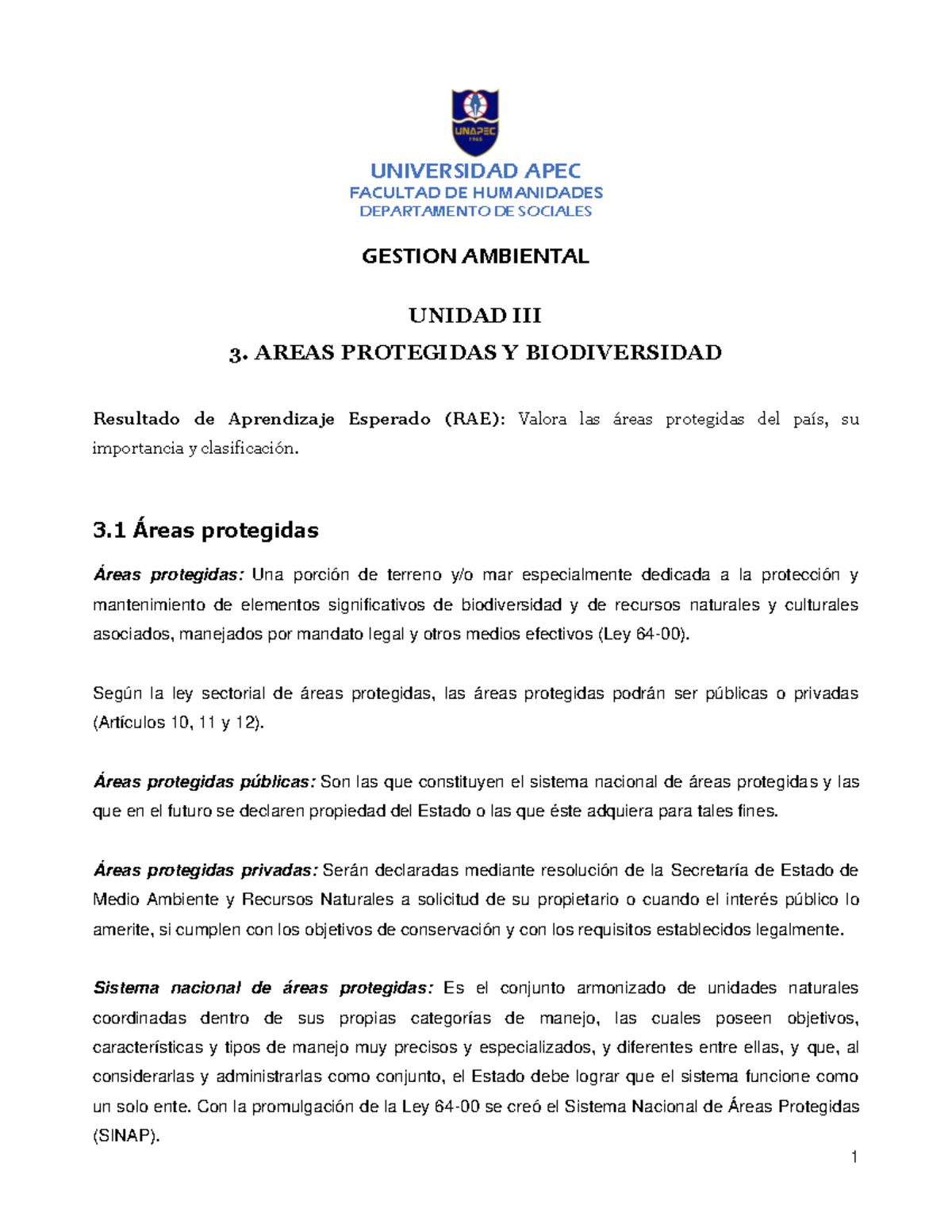 Unidad+III+%28 Areas+ Protegidas+Y+ Biodiversidad%29+G.A - UNIVERSIDAD ...