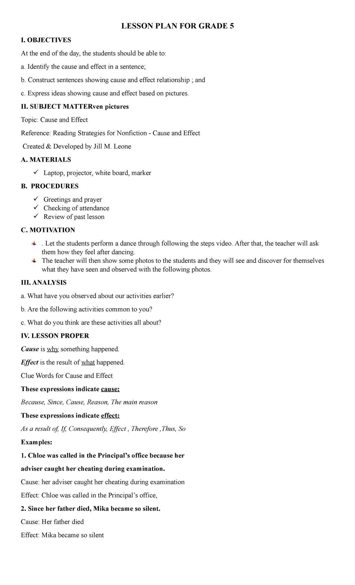 Lesson PLAN FOR Grade 5 - LESSON PLAN FOR GRADE 5 I. OBJECTIVES At the ...