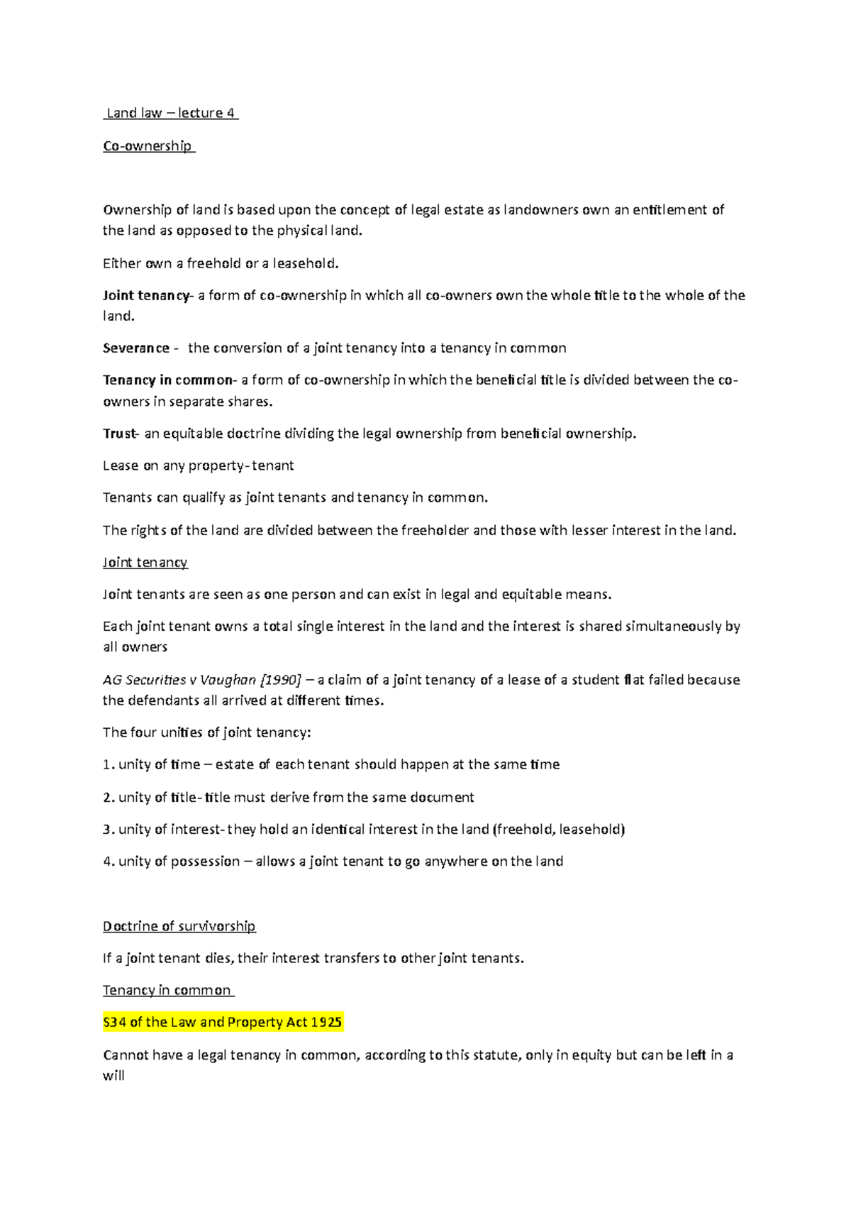 Co ownership and severance lecture 4 Land law lecture 4 Co