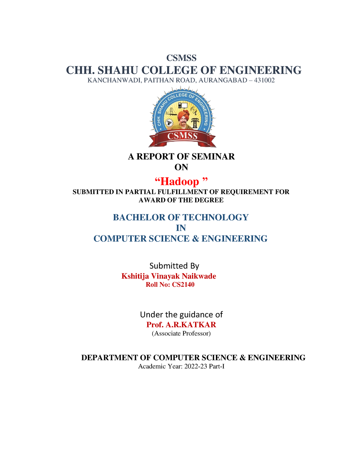 hadoop seminar report - CSMSS CHH. SHAHU COLLEGE OF ENGINEERING ...