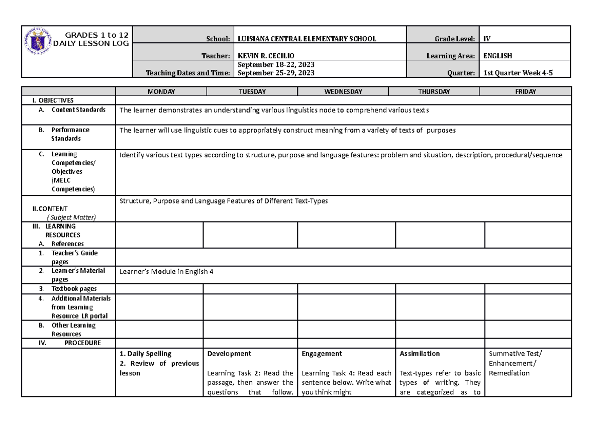 Grade 4 Q1 Week 5 DLL-Pivot - GRADES 1 to 12 DAILY LESSON LOG School ...