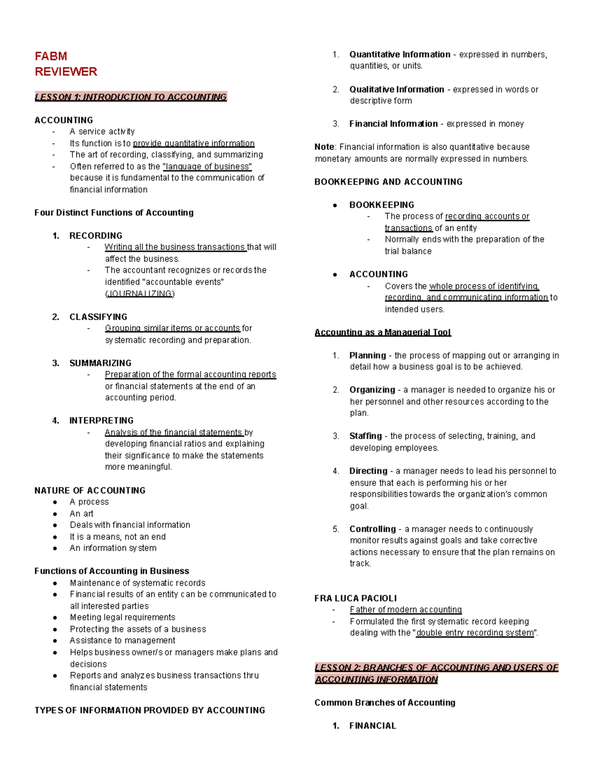 FABM 1 Midterm Reviewer - FABM REVIEWER LESSON 1: INTRODUCTION TO ...