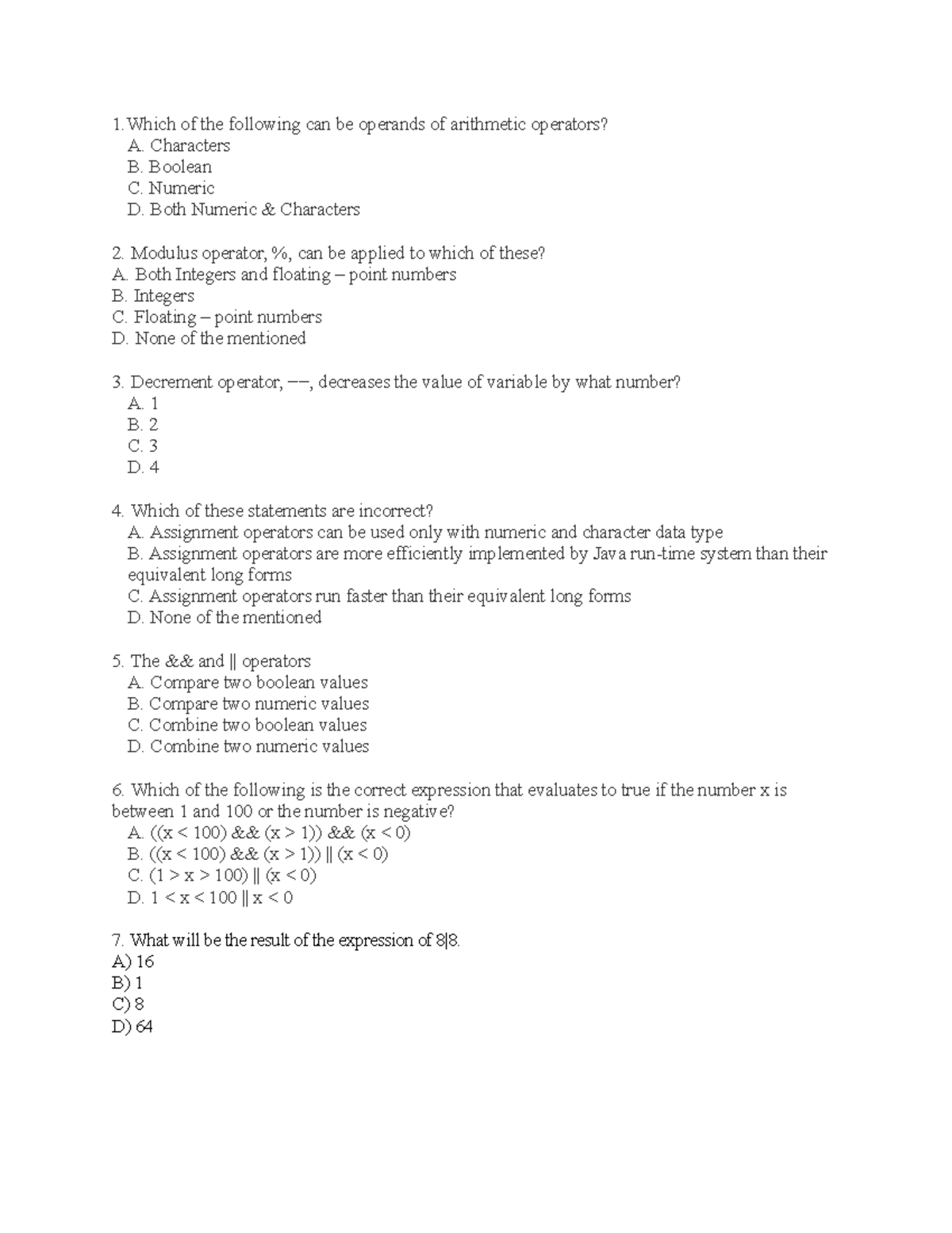 Java Assignment 1 Java Program Questions 1 Of The Following Can Be Operands Of Arithmetic Studocu Java Assignment 1 Java Program Questions 1 Of The Following Can Be Operands Of Arithmetic Studocu