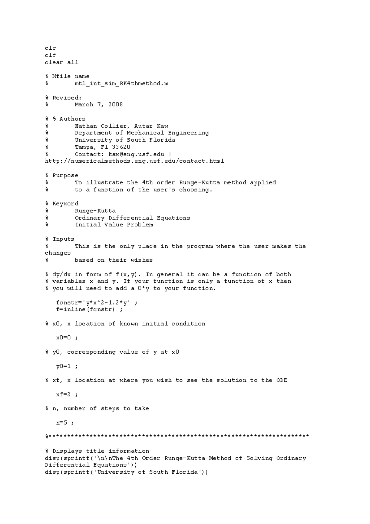 Matlab 4th order - clc clf clear all % Mfile name % mtl_int_sim ...