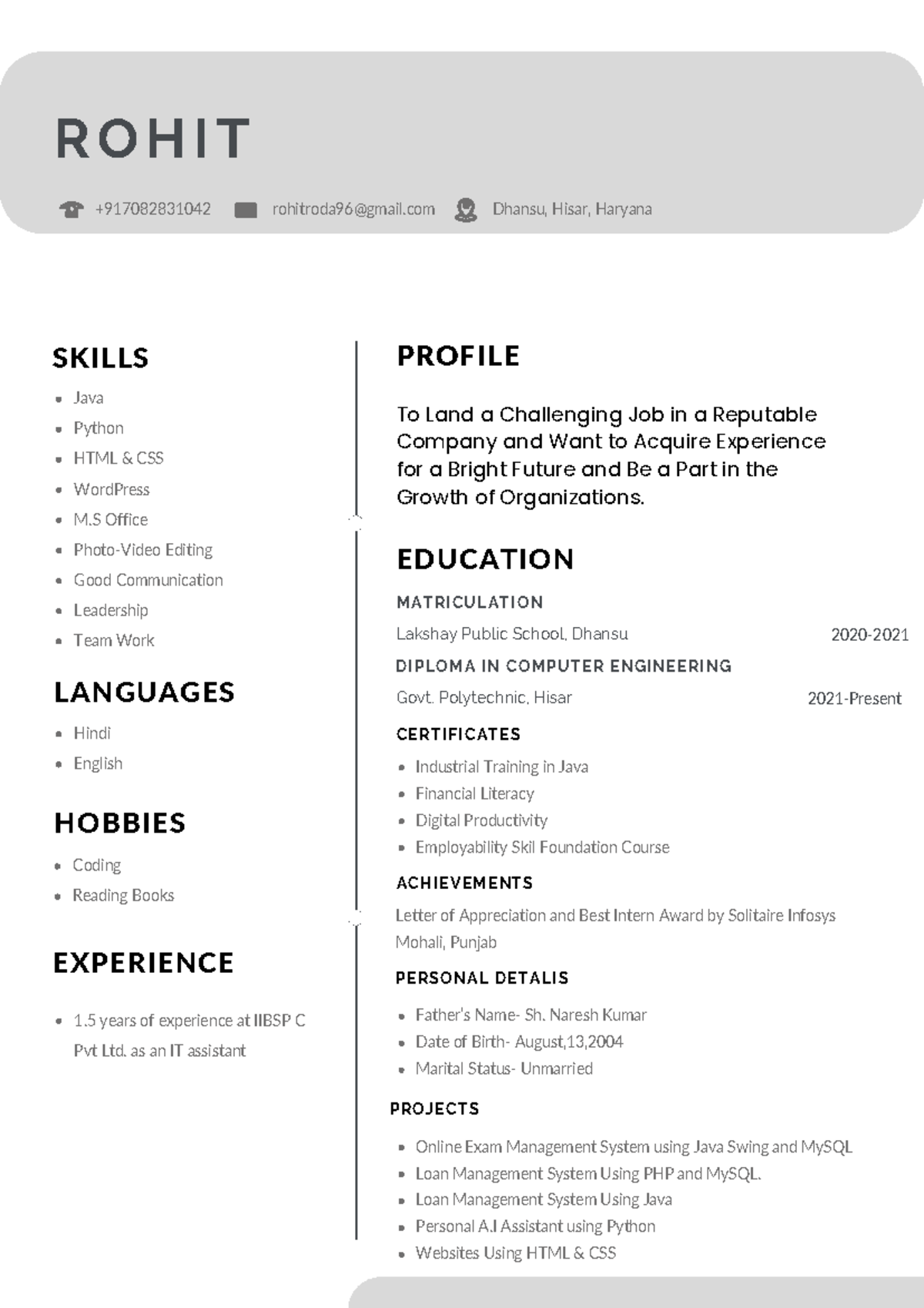 C.V Rohit gphisar - resume - R O H I T Java Python HTML & CSS WordPress ...