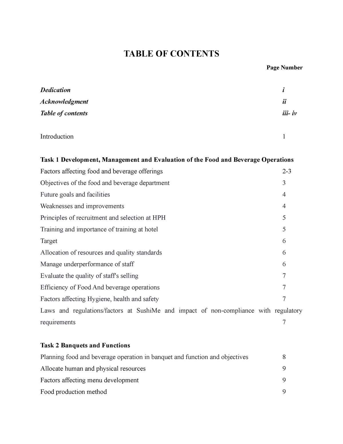 Food And Beverage Supervision Table Of Contents Page Number Dedication Studocu