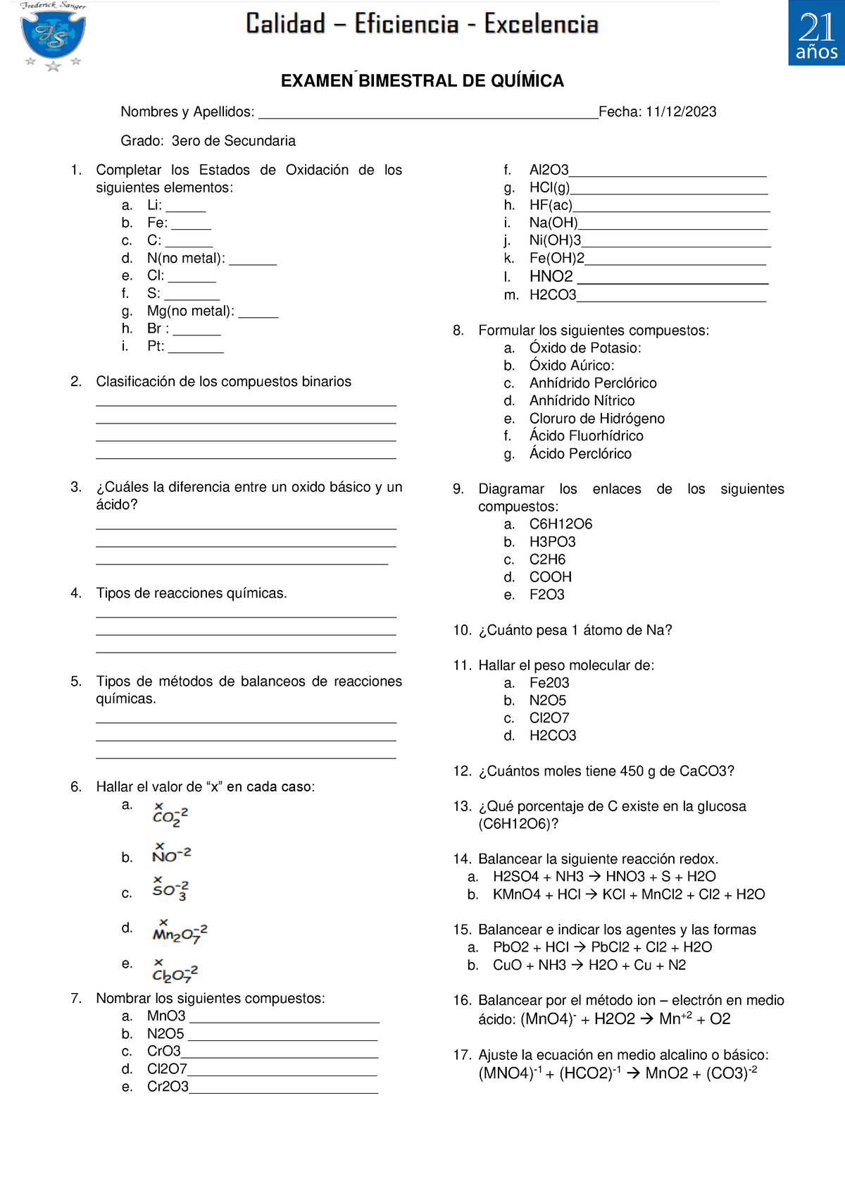 3ERO DE SEC Examen Bimestral DE Quimica - V EXAMEN BIMESTRAL DE QUÍMICA ...