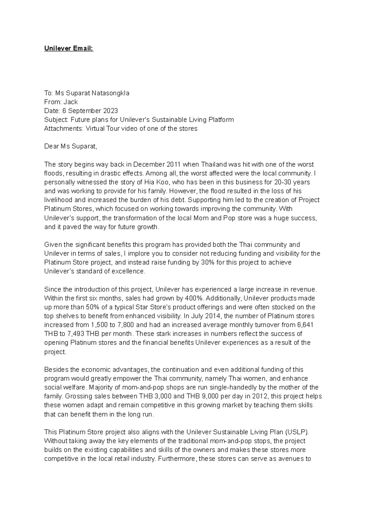 Unilever Email Sample Unilever Email To Ms Suparat Natasongkla From