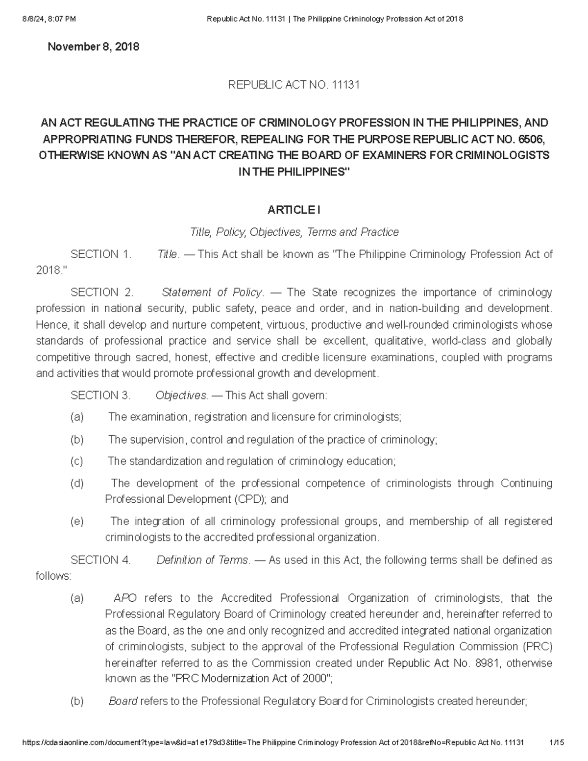 Republic Act No. 11131 The Philippine Criminology Profession Act of ...