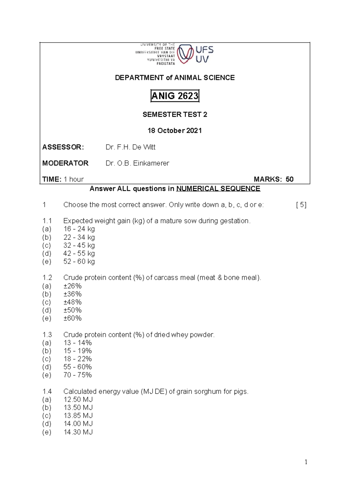 21ANIG2623 Semester test 2 (18 October 2021) - DEPARTMENT of ANIMAL ...