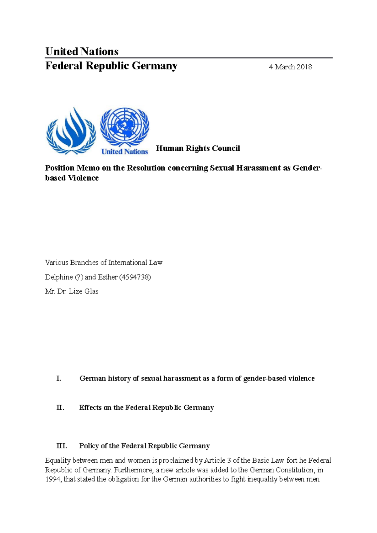 Position memo - simulation human rights council - United Nations ...