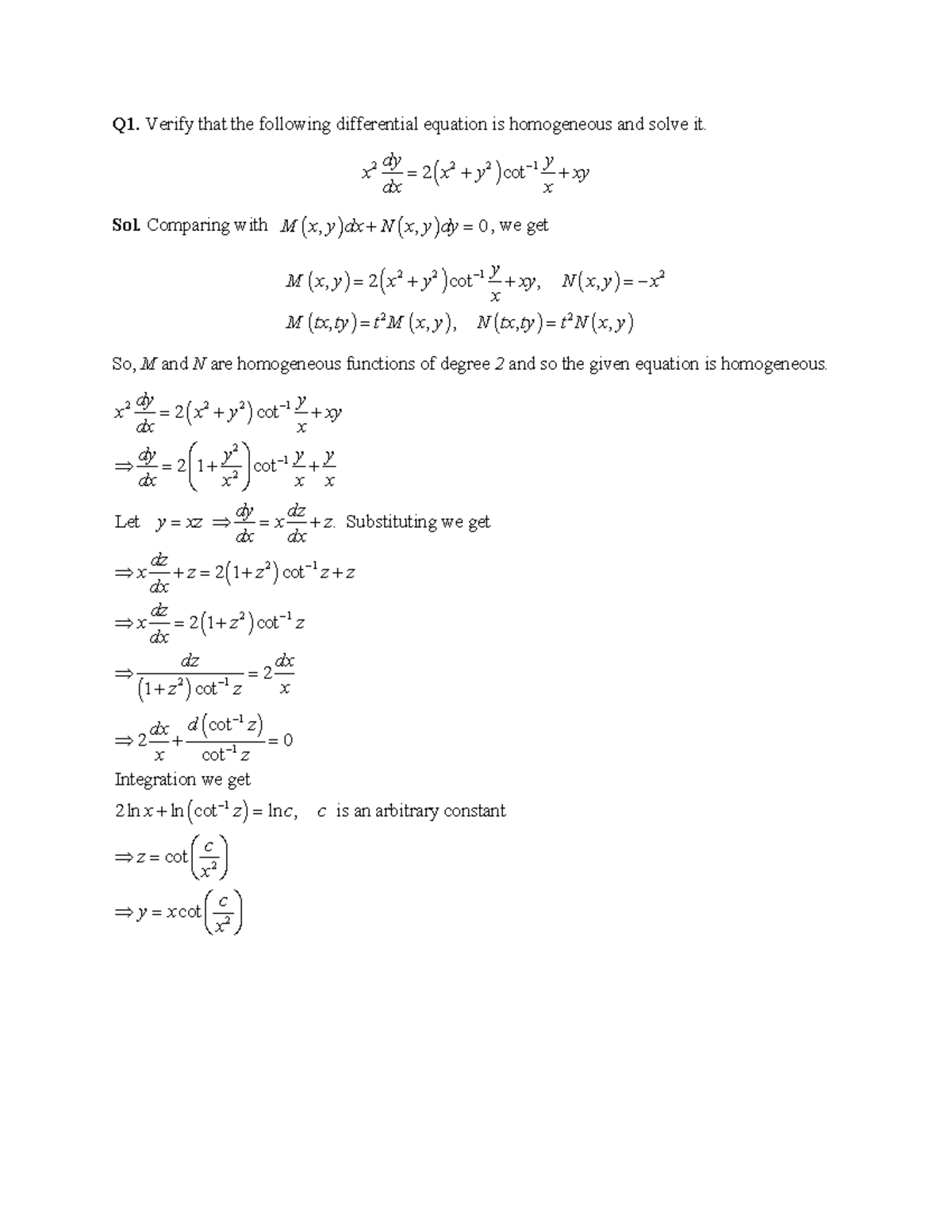 Assignment-I-Solutions - Q1. Verify that the following differential ...