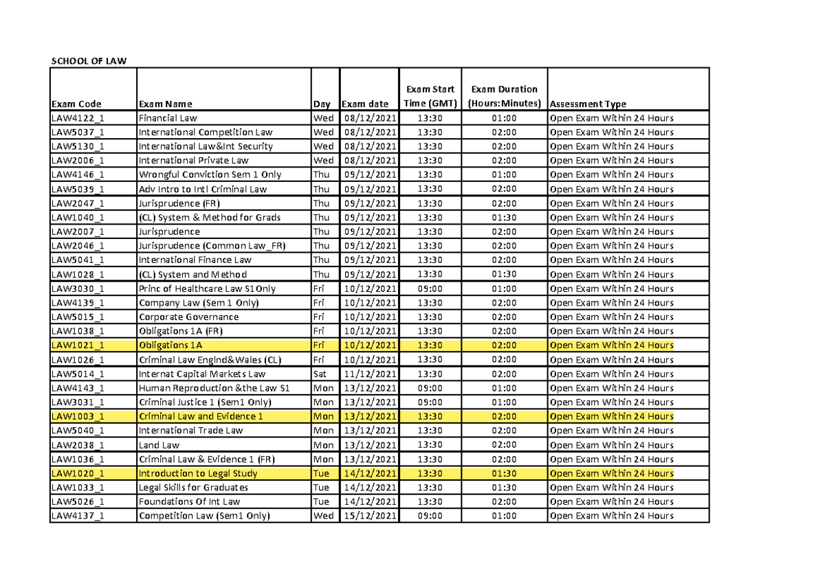 Exam timetable 2021 for law subjects - SCHOOL OF LAW Exam Code Exam