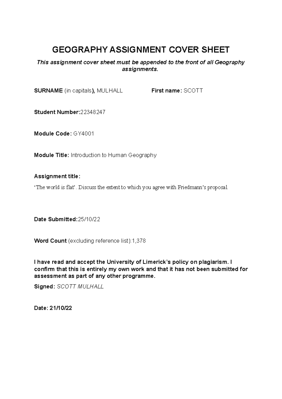 Geography Assignment 1 GEOGRAPHY ASSIGNMENT COVER SHEET This