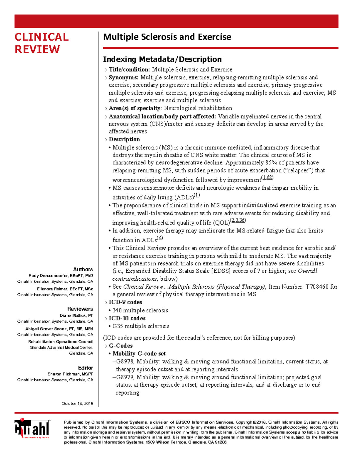 RRC Multiple Sclerosisi and Exercise CR - CLINICAL REVIEW Authors Rudy ...