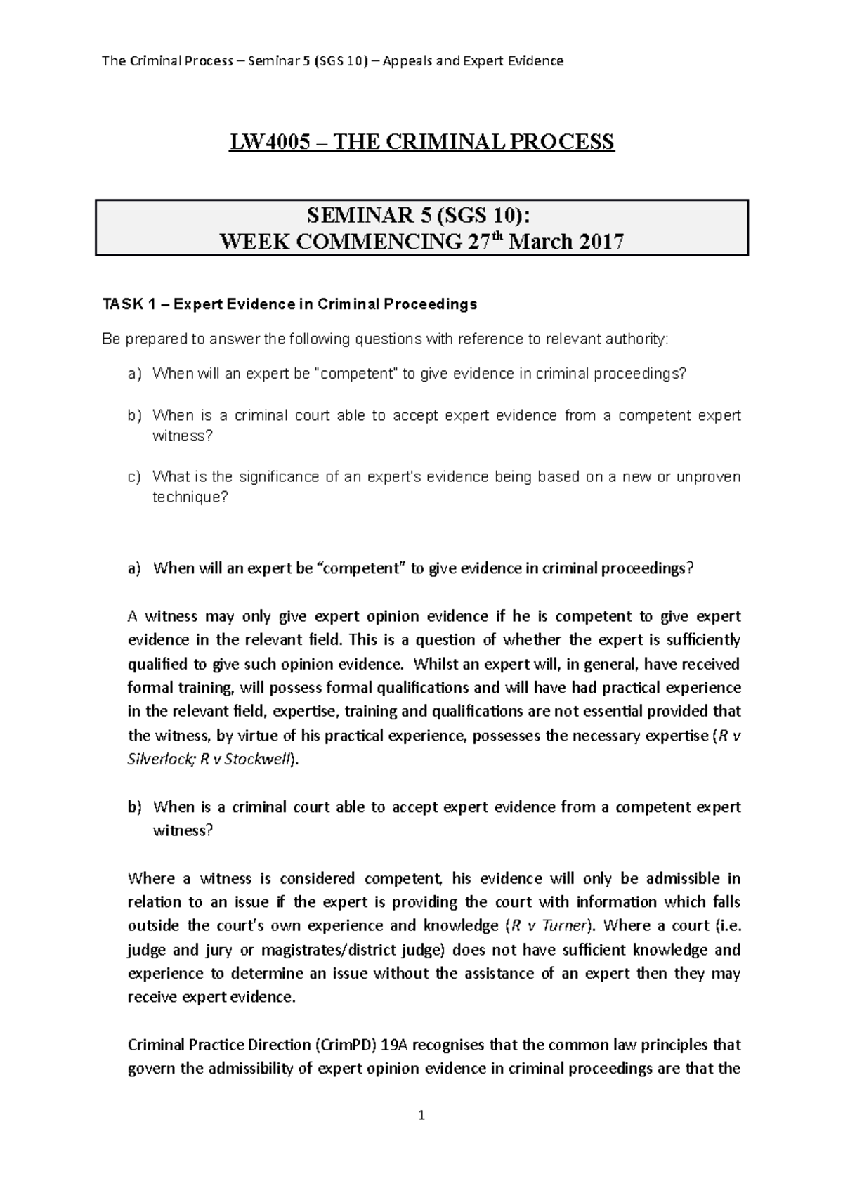 Crim Process Seminar 5 SGS 10 Points Of Answer - LW4005 – THE CRIMINAL ...