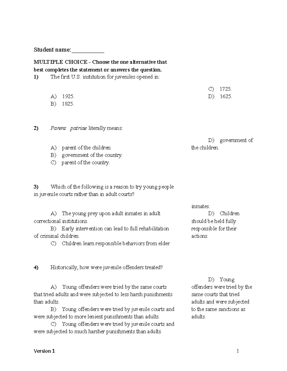 Chapter 15 Juvenile Justice Version 1 Test Bank - CJUS 500 - LU - Studocu