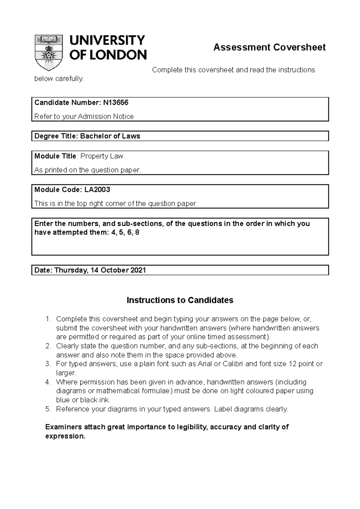 Property Law Exam Past Paper Answers Assessment Coversheet Complete
