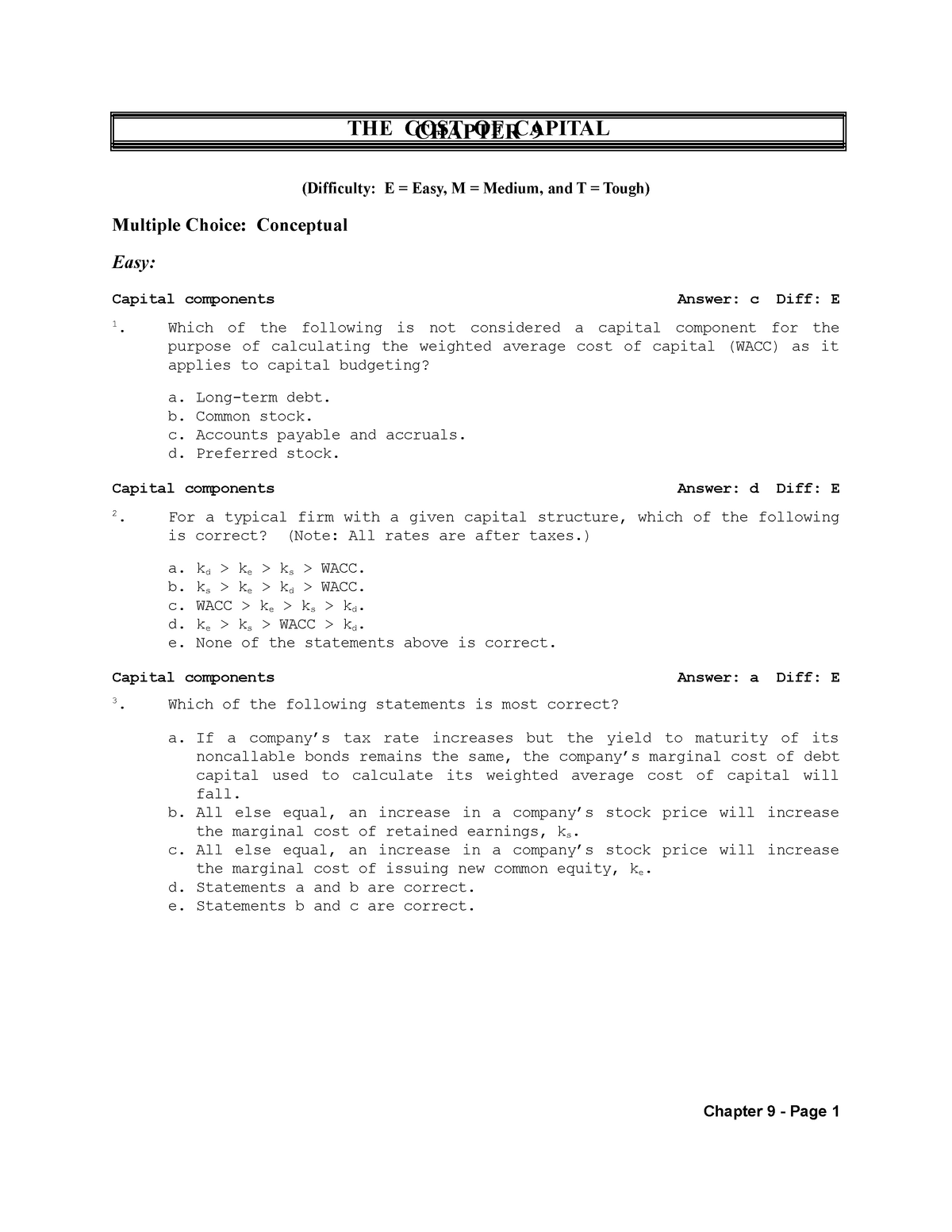 TB Chapter 09 - Test Bank For Cost Of Capital - Brigham; Fundamentals ...