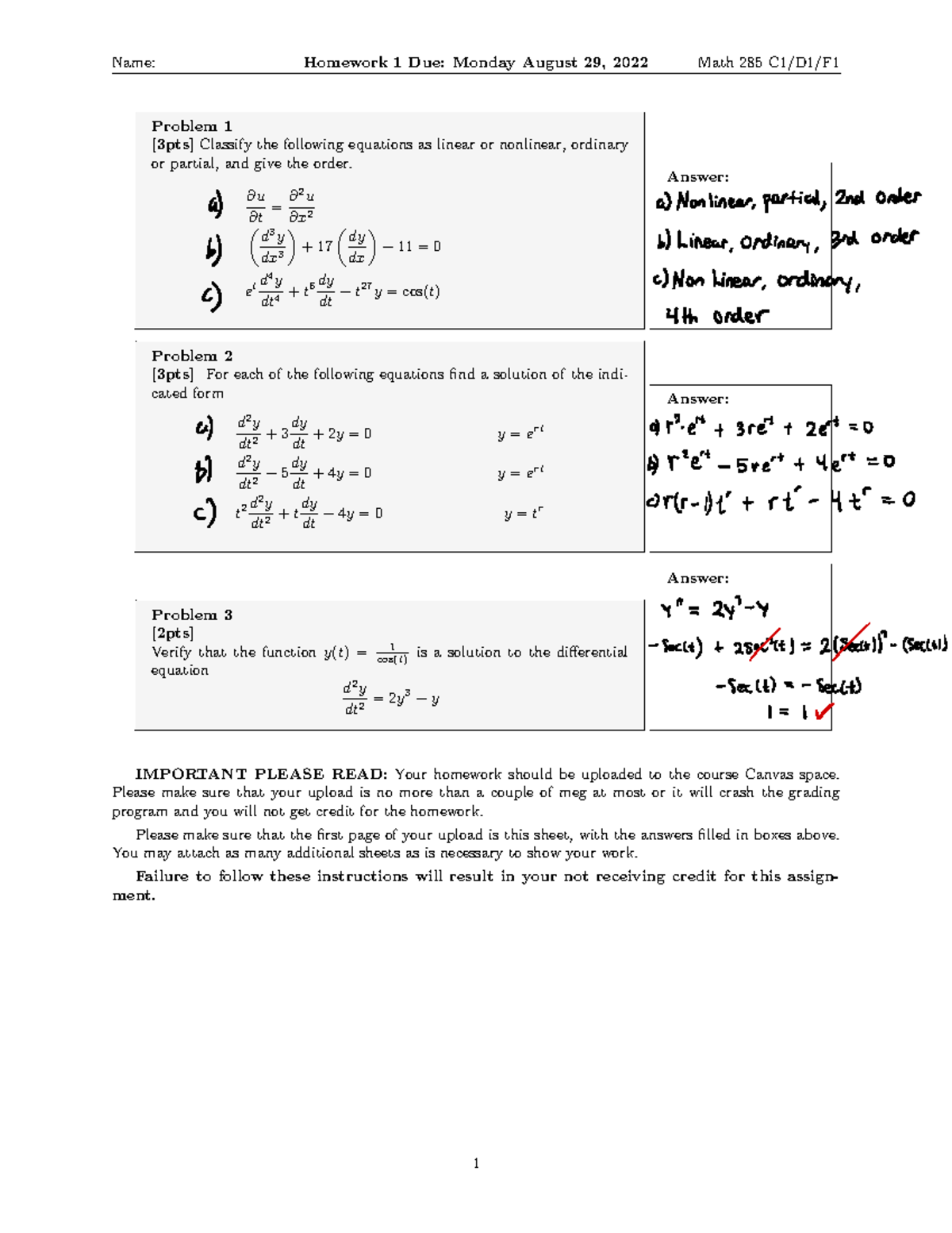 Homework 1 MATH 285 - Name: Homework 1 Due: Monday August 29, 2022 Math ...