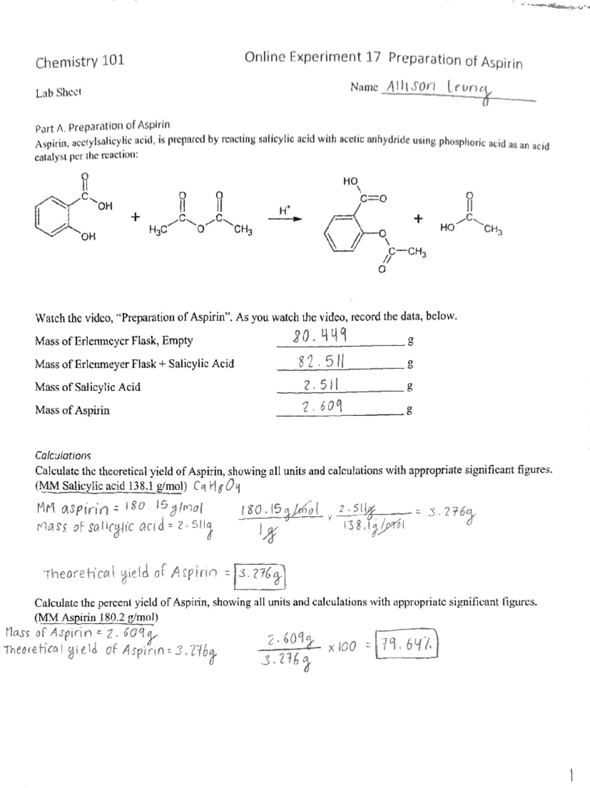 Lab 17: Preparation of Aspirin, Professor Stacey Littlejohn - CHEM 101 ...