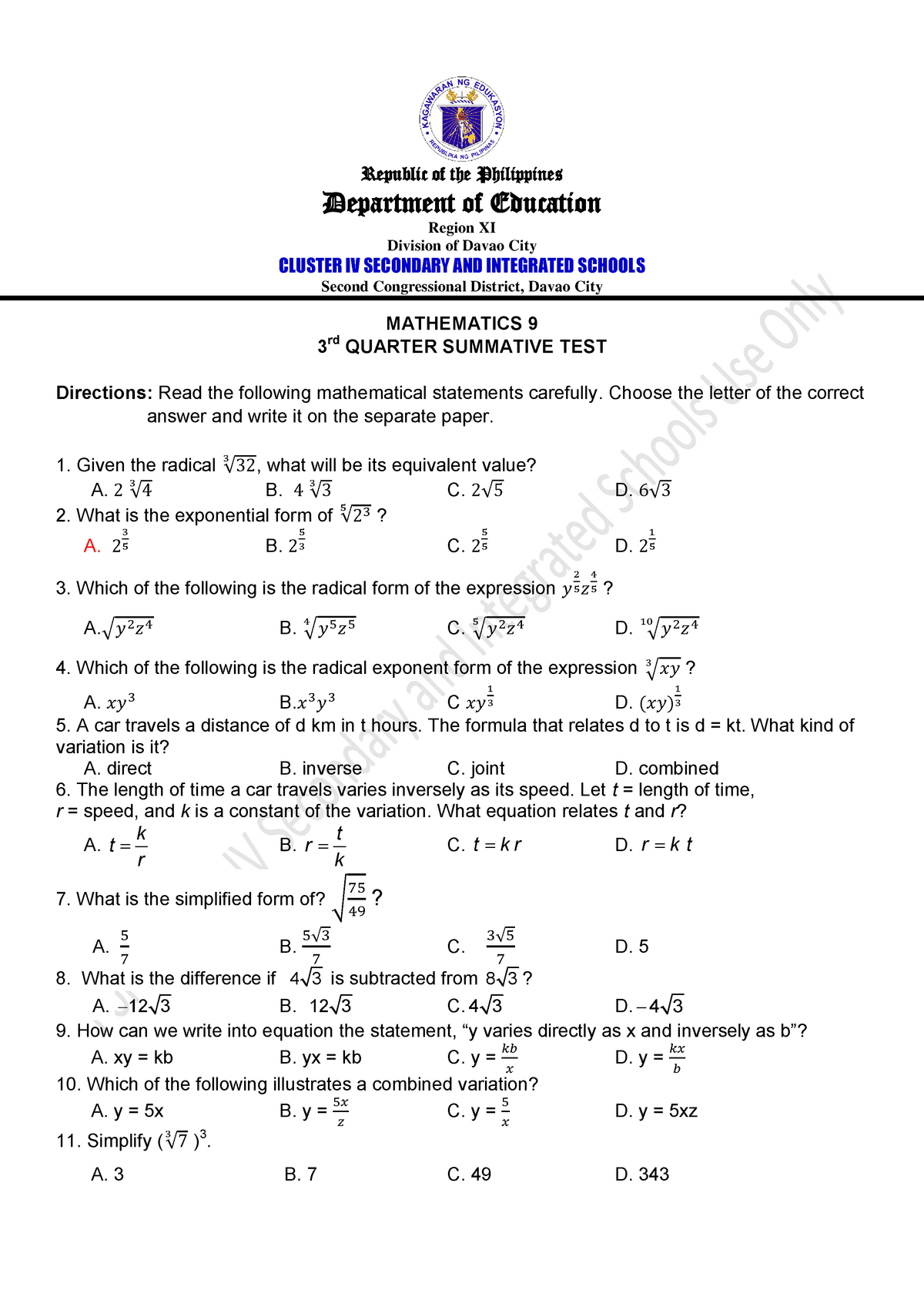 Cluster Grade 9 3RD Quarter Summative TEST Republic Of The 