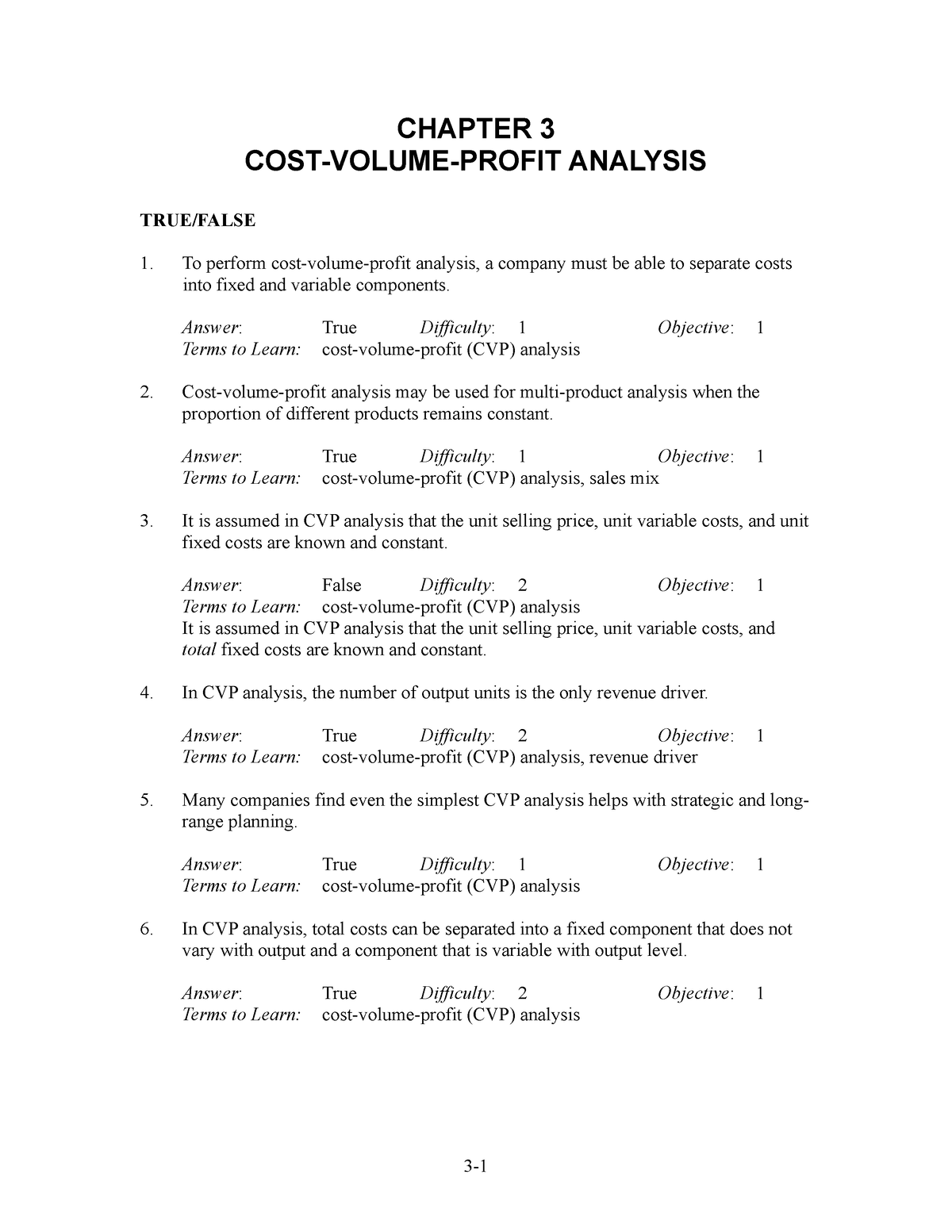 Ch03 Cost Volume Profit Analysis Chapter 3 Cost Volume Profit Analysis Truefalse To Perform 0270