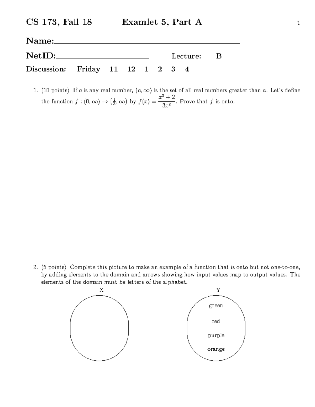 Fall 2018 examlet 5a - n/a - CS 173, Fall 18 Examlet 5, Part A 1 Name ...