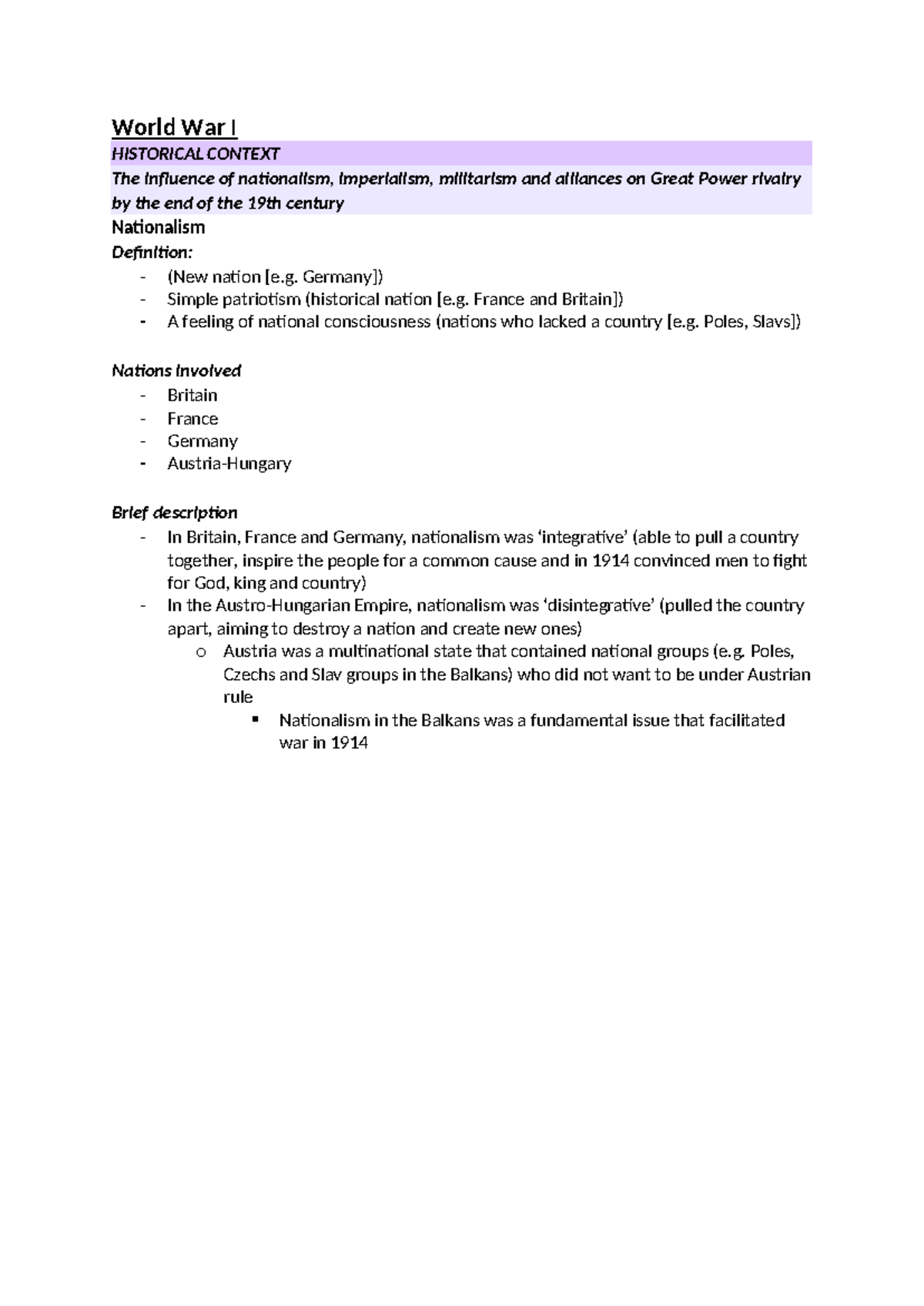 World War I N/A World War I HISTORICAL CONTEXT The influence of