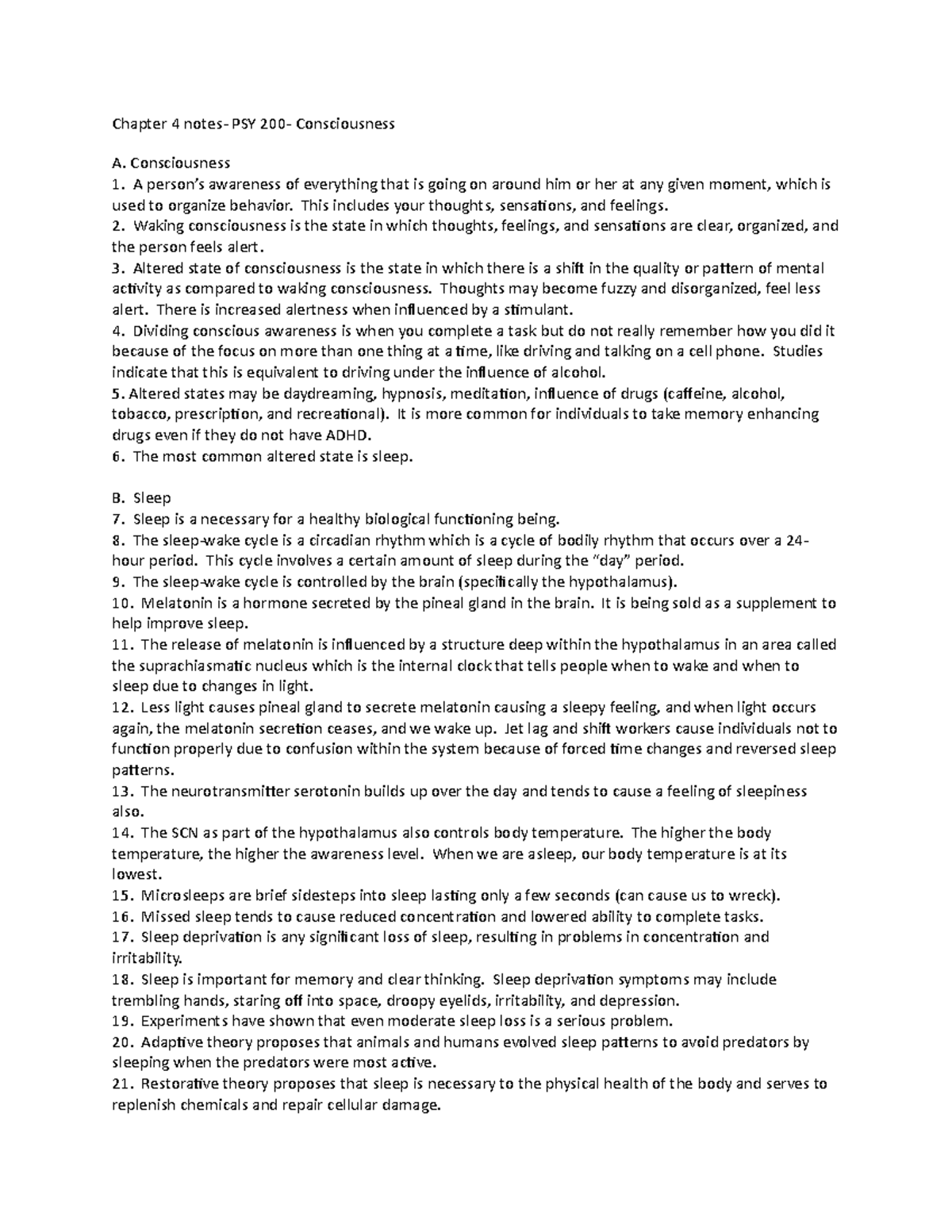 Chapter 4 notes consciousness PSY 200 fall 2012-2 - Chapter 4 notes ...