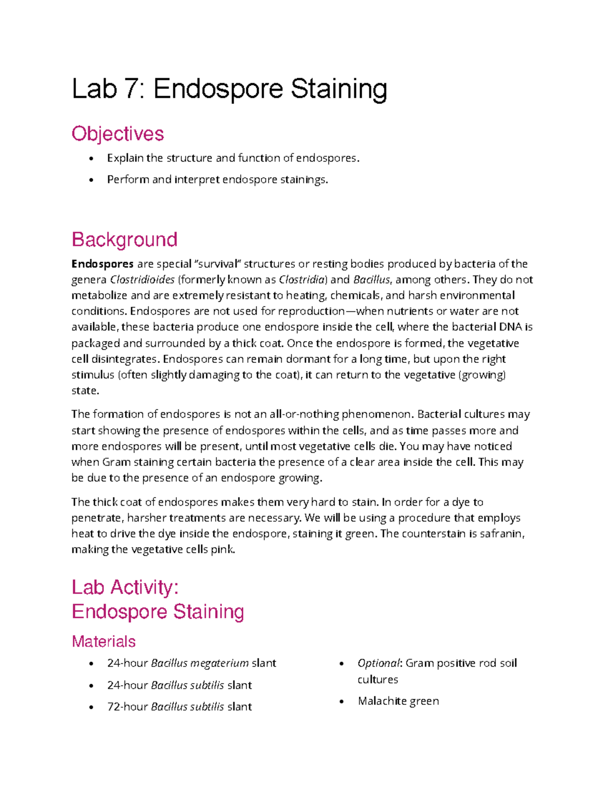 Lab 7 Report Endospore Staining Lab 7 Endospore Staining
