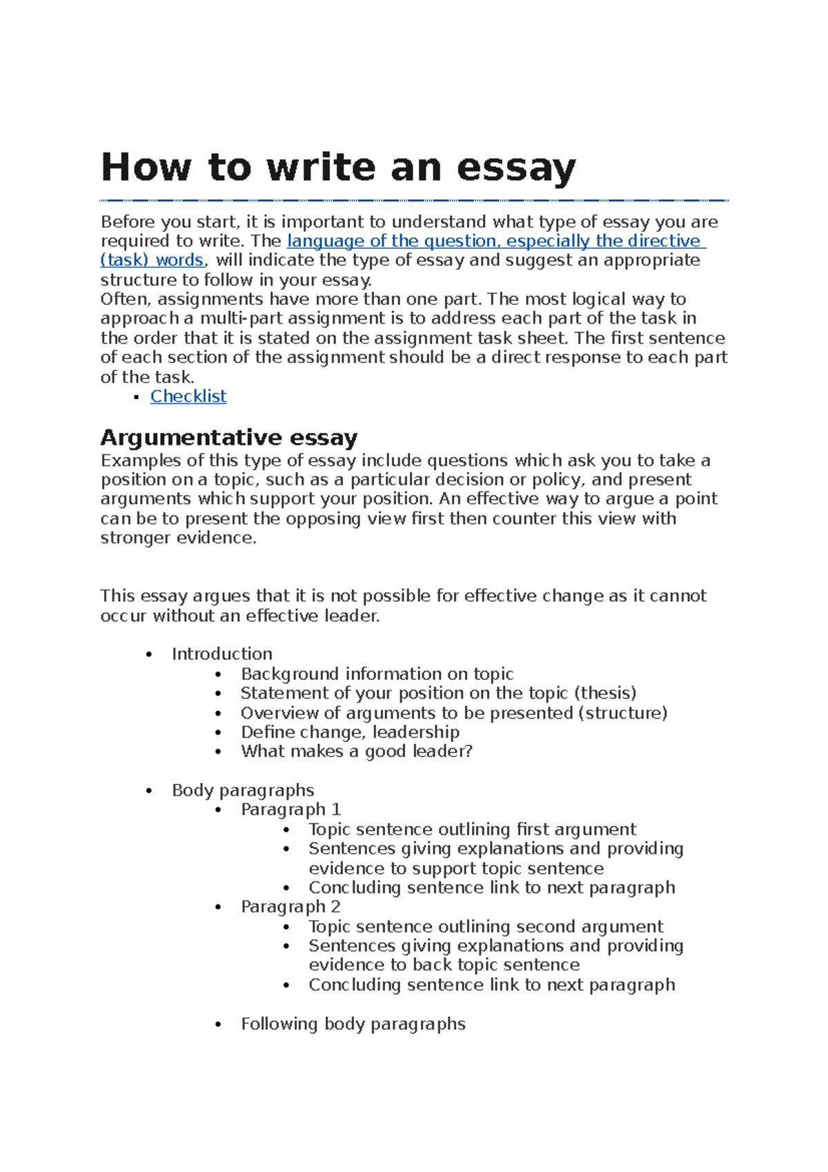 Week 3 Tut - Notes - How to write an essay Before you start, it is ...