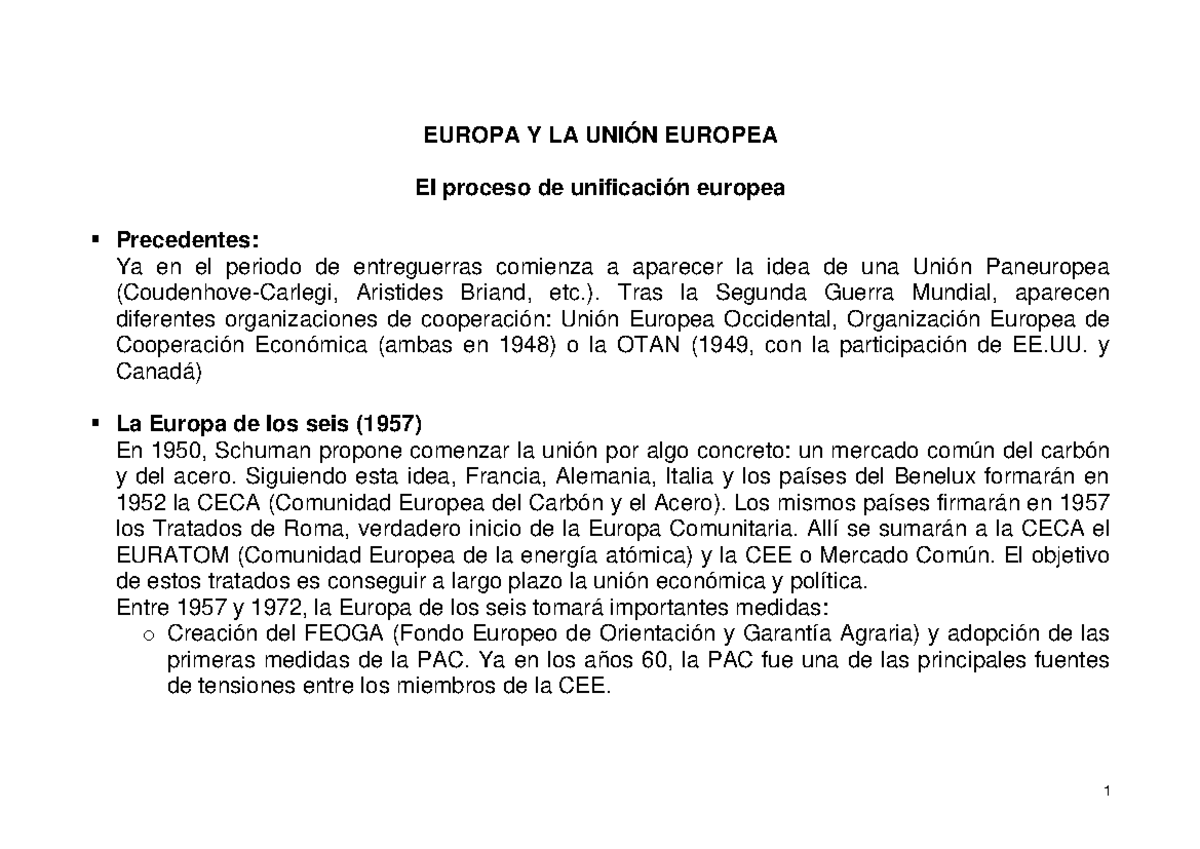 1c Europa proceso unificacion - EUROPA Y LA UNIÓN EUROPEA El proceso de ...