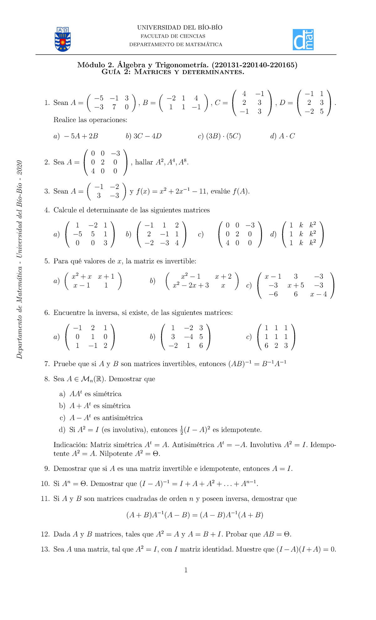 Guía matrices modulo 2 algebra y trigonometría - UNIVERSIDAD DEL BÍO ...
